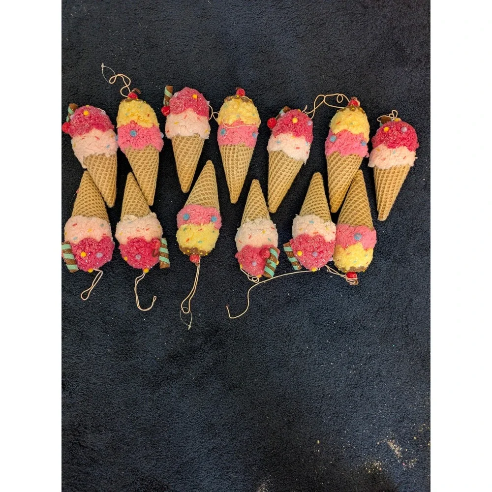 Lot of 13 Ice Cream Cone Christmas Ornaments Pink Yellow Glitter Waffle Cone 7
